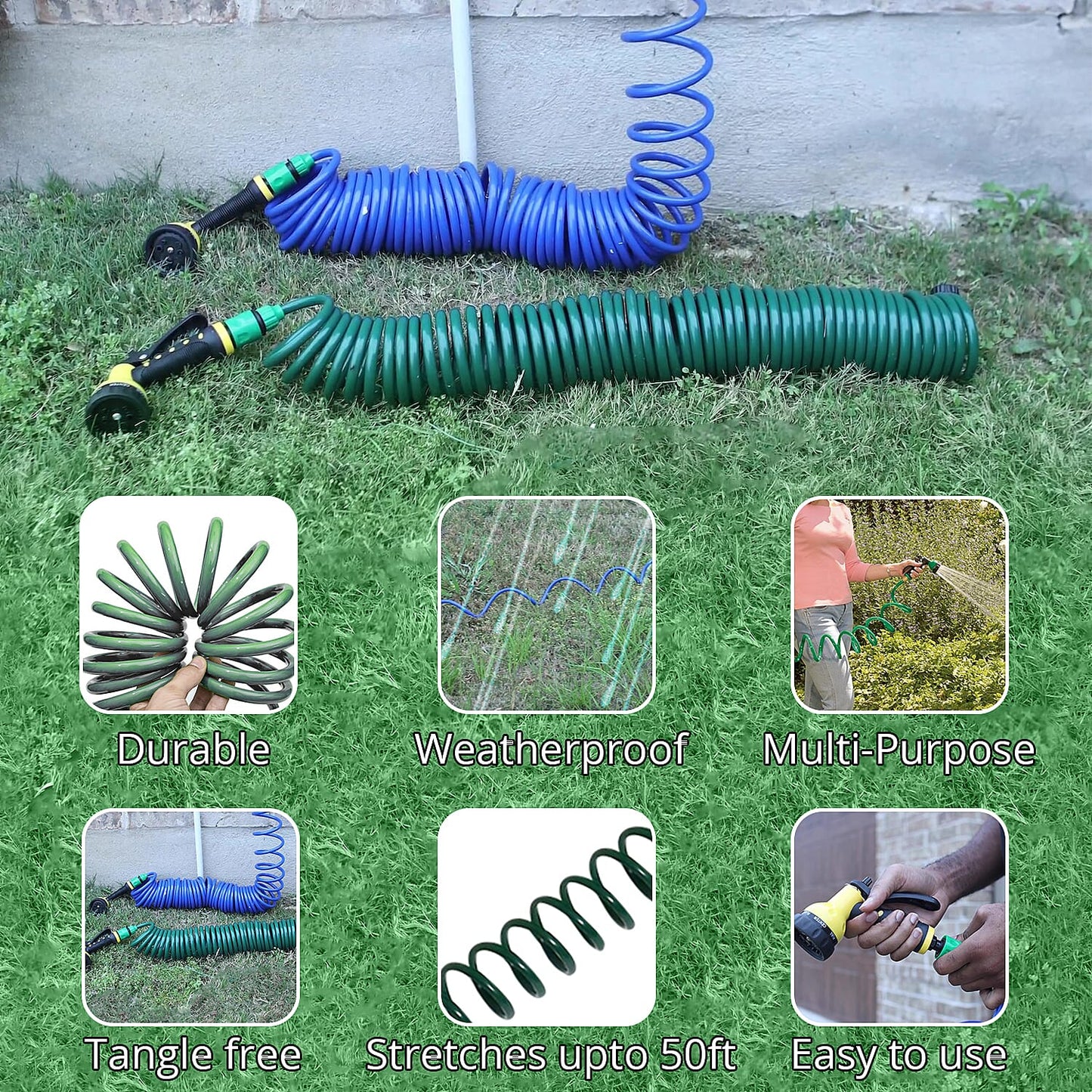 GREENBOUND Coiled Water Hose with Spray Nozzle - Green