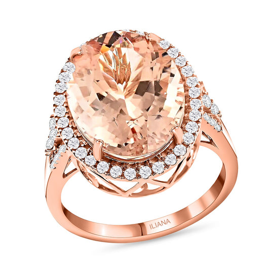Certified & Appraised ILIANA 18K Rose Gold AAA Marropino Morganite and G-H SI Diamond Halo Ring 6.60 Grams 12.70 ctw