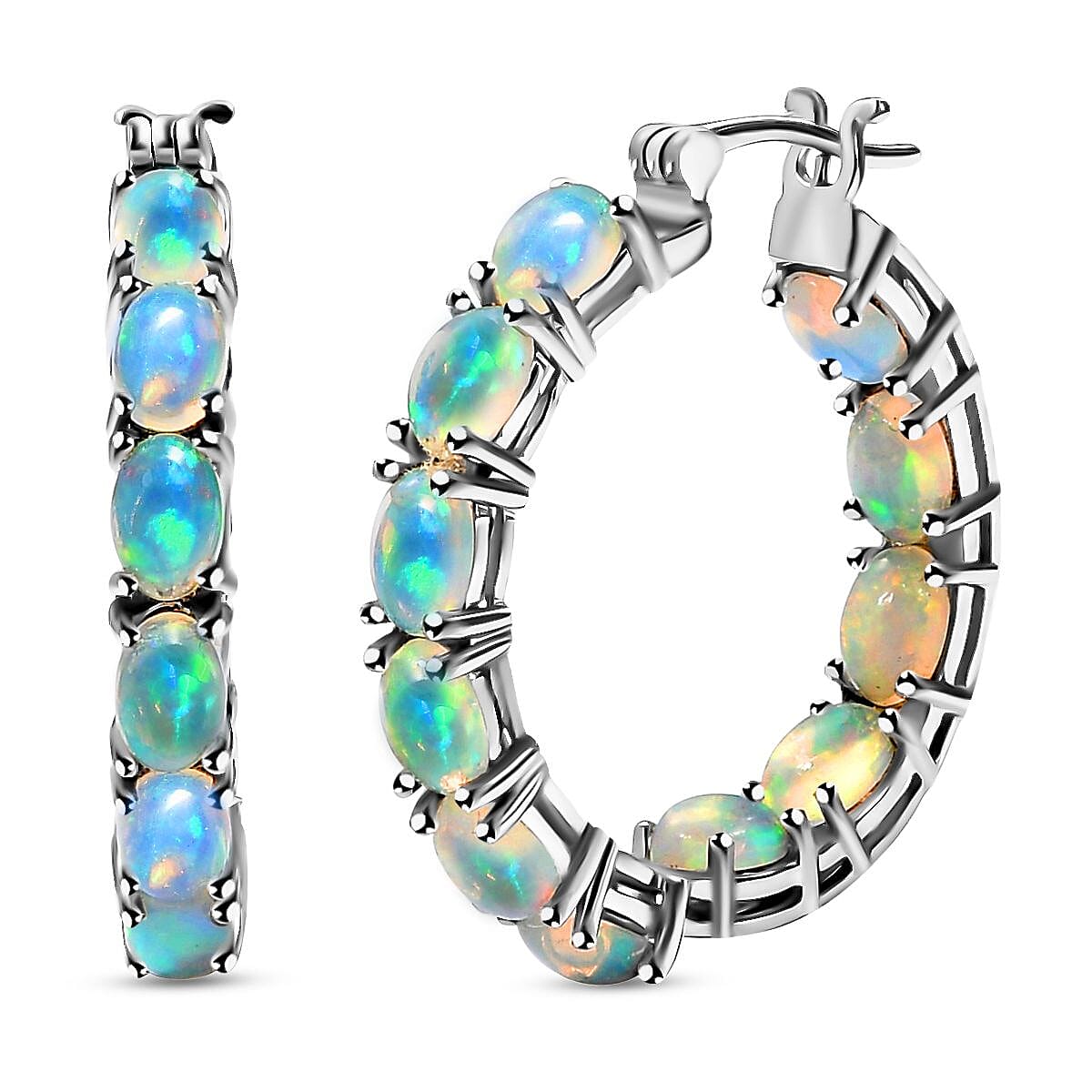 Ethiopian Opal Inside-Out Hoop Earrings in Platinum Plated Sterling Silver, Premium Opal Hoops For Women, 925 Sterling Silver Hoops 7.40 ctw