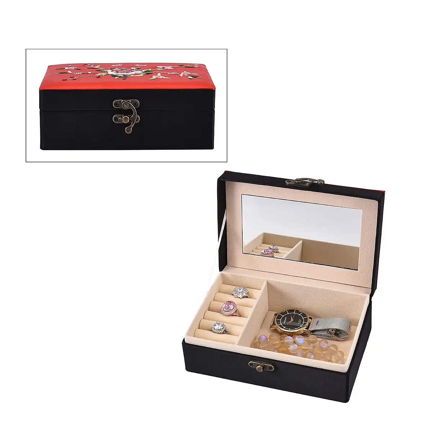 Red Flower Pattern Embroidery Satin Jewelry Box with Embroidery and Lock (6.89"x4.64"x2.56")