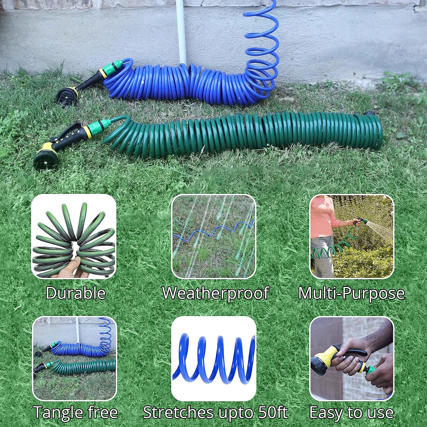 GREENBOUND Coiled Water Hose with Spray Nozzle - Green
