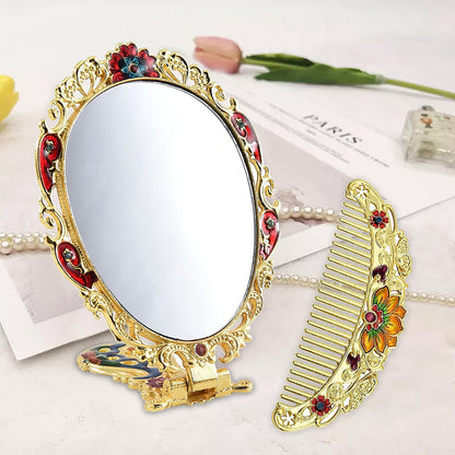 Butterfly Pattern Portable Cosmetic Mirror and Comb Set in Goldtone