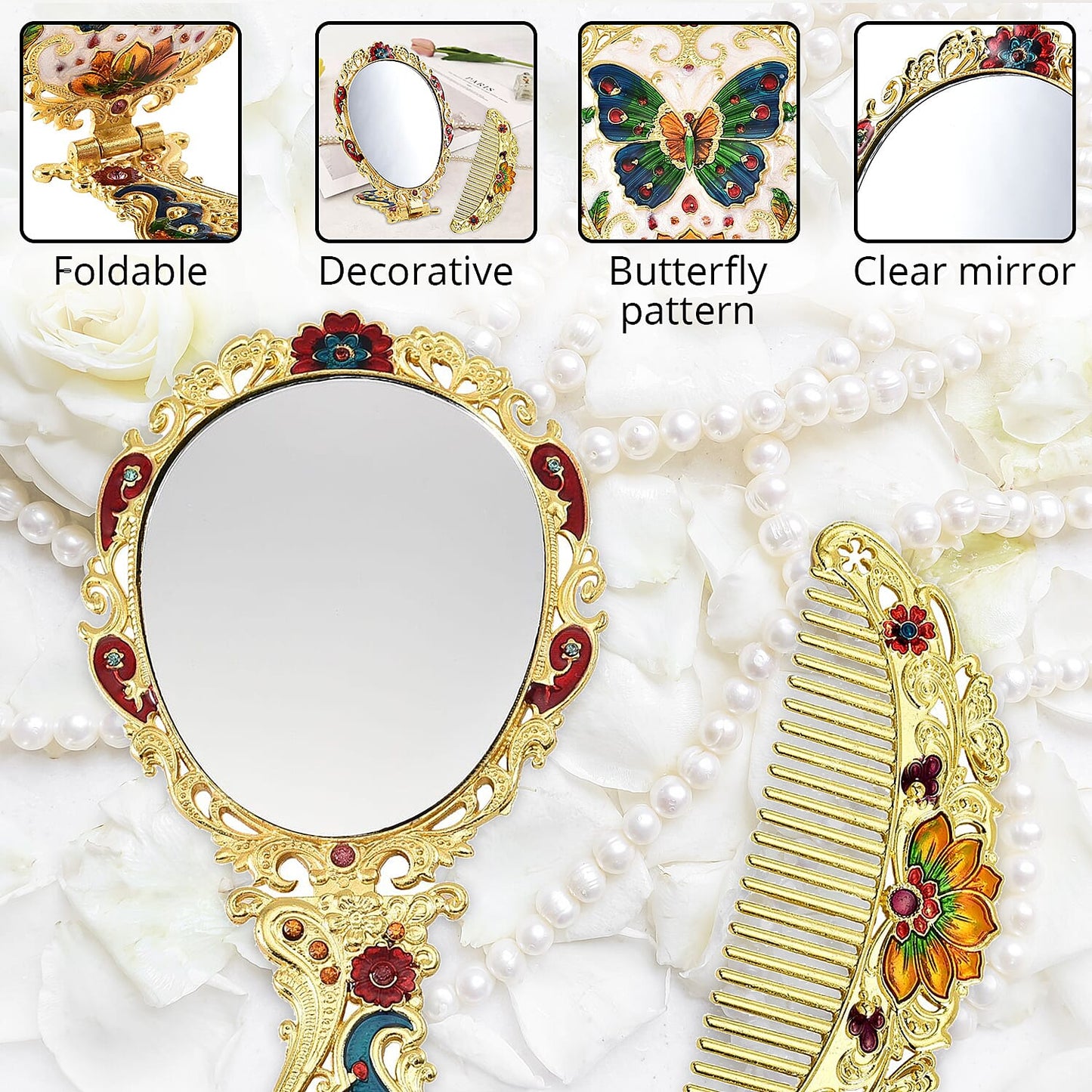 Butterfly Pattern Portable Cosmetic Mirror and Comb Set in Goldtone