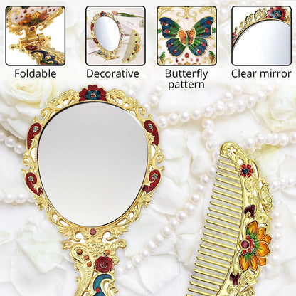 Butterfly Pattern Portable Cosmetic Mirror and Comb Set in Goldtone