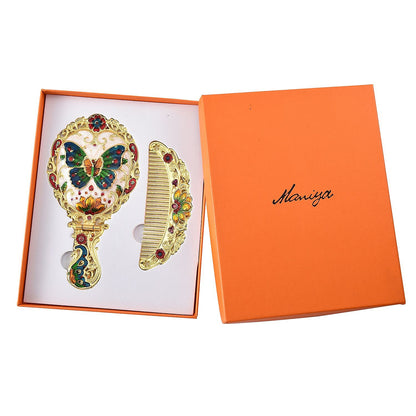 Butterfly Pattern Portable Cosmetic Mirror and Comb Set in Goldtone