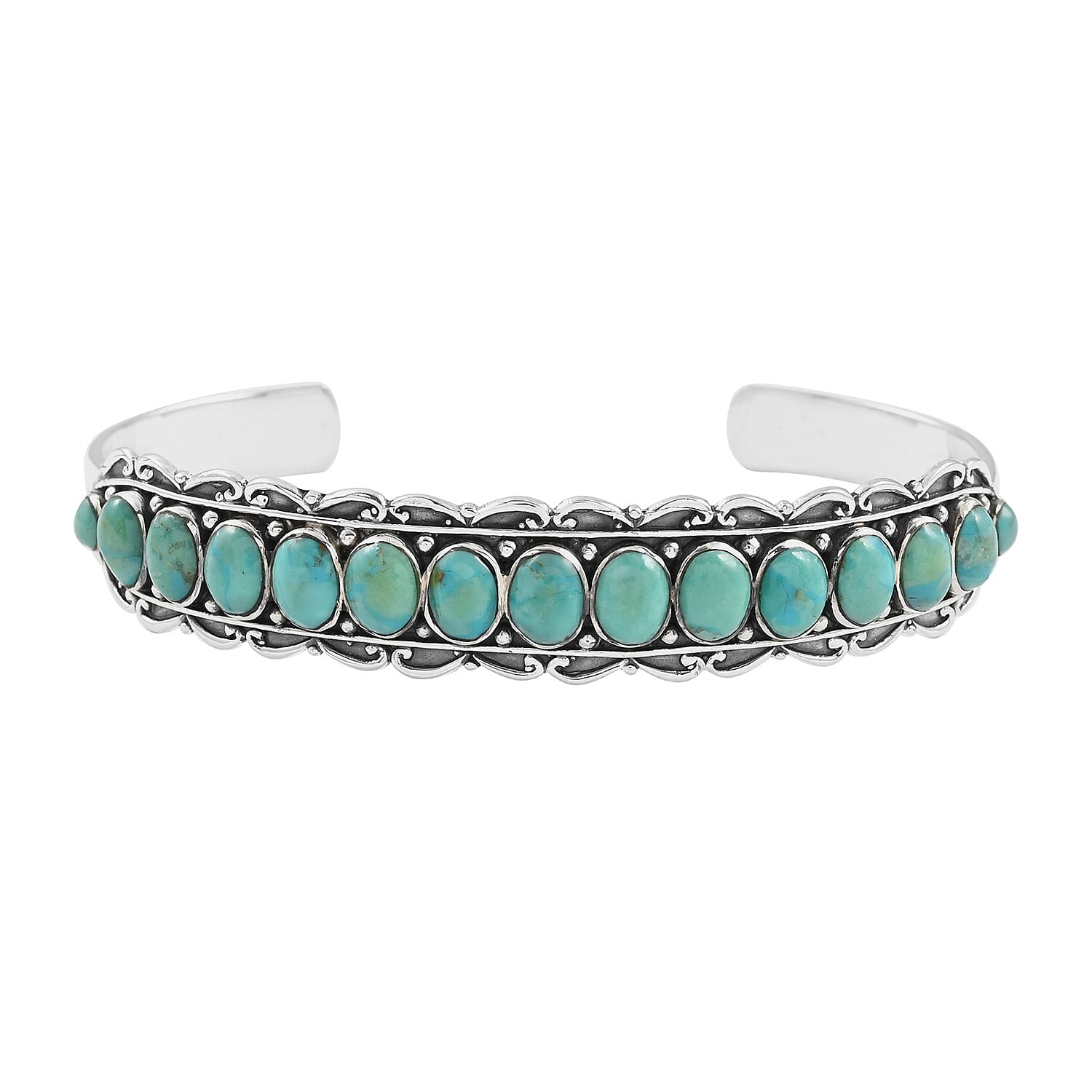 SANTA FE Style Kingman Turquoise Open Cuff Bracelet in Sterling Silver (7.00 In) 22.1 Grams 18.90 ctw