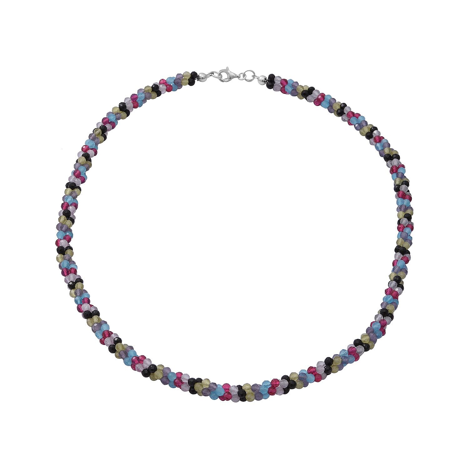 Multi Gemstone Beaded 3 Layer Twisted Necklace 18 Inches in Sterling Silver 100.00 ctw
