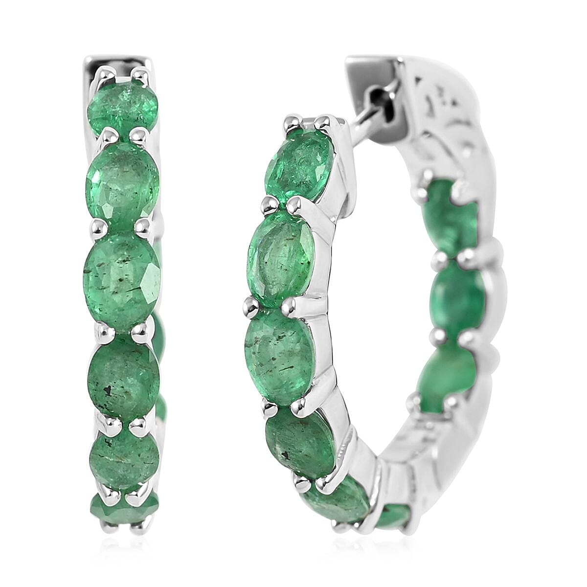 AAA Kagem Emerald Hoop Earrings in Rhodium Over Sterling Silver 3.00 ctw