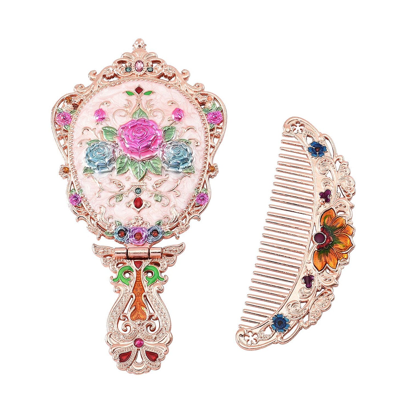 Butterfly Pattern Portable Cosmetic Mirror and Comb Set in Goldtone