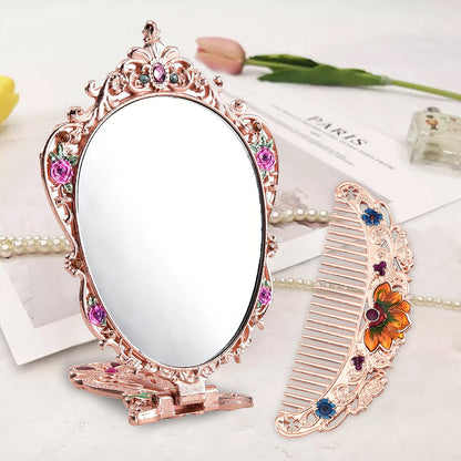 Butterfly Pattern Portable Cosmetic Mirror and Comb Set in Goldtone