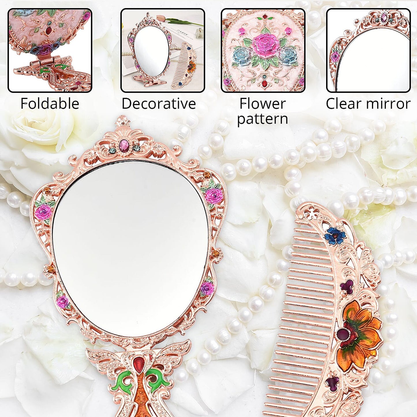 Butterfly Pattern Portable Cosmetic Mirror and Comb Set in Goldtone