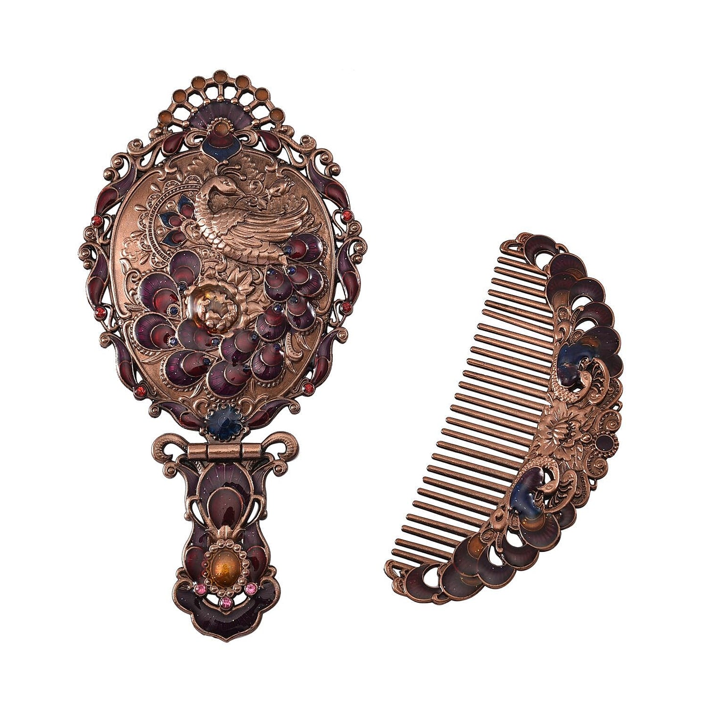 Butterfly Pattern Portable Cosmetic Mirror and Comb Set in Goldtone