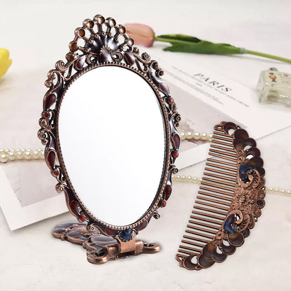 Butterfly Pattern Portable Cosmetic Mirror and Comb Set in Goldtone