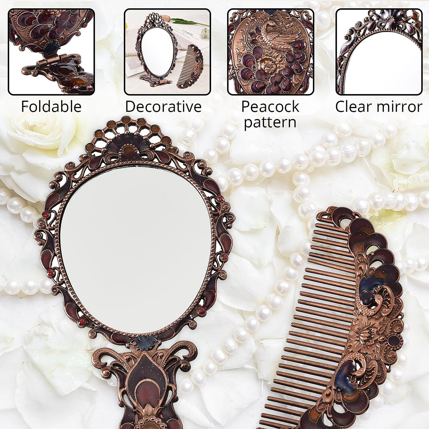 Butterfly Pattern Portable Cosmetic Mirror and Comb Set in Goldtone