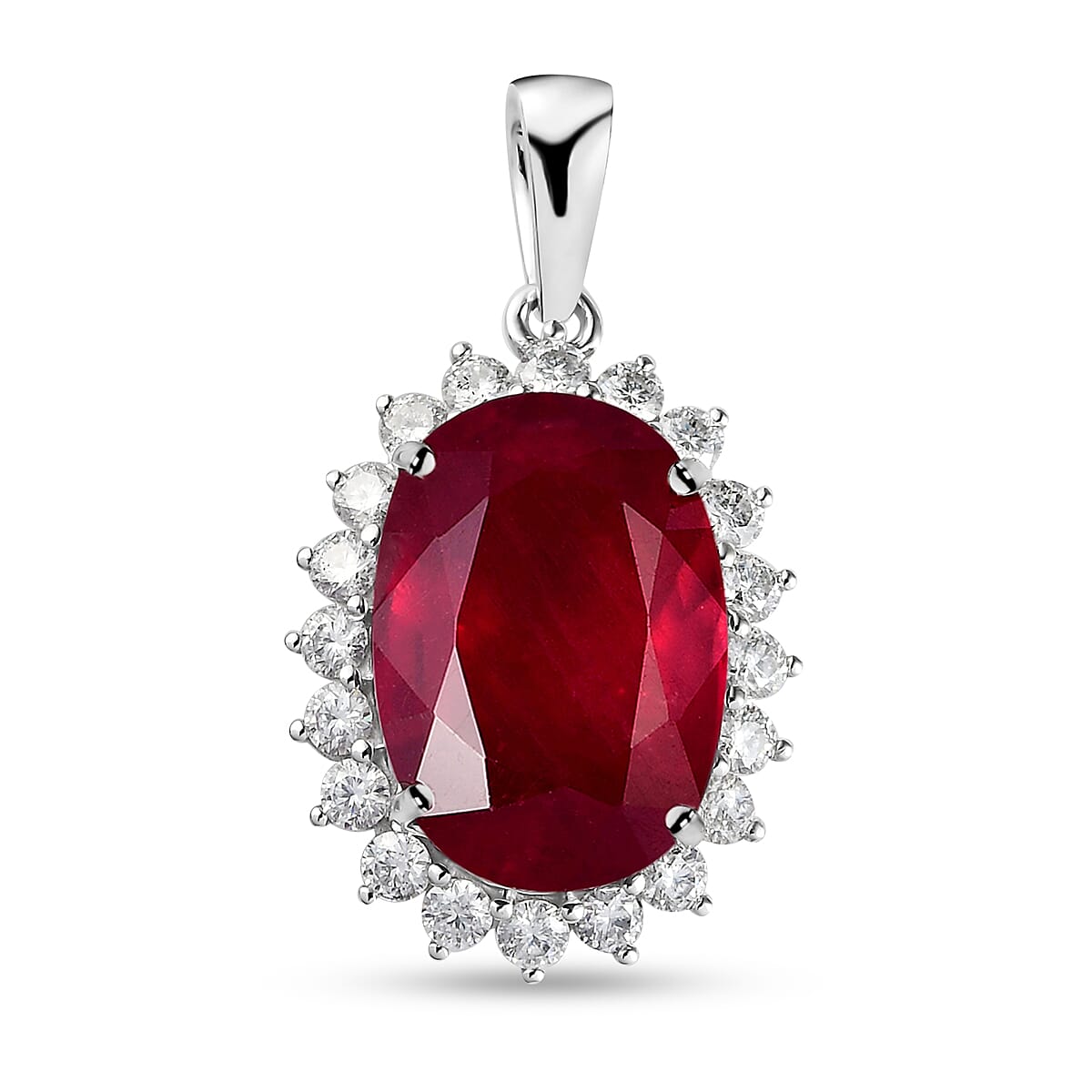 Luxoro 10K White Gold AAA Niassa Ruby (FF) and Moissanite Sunburst Pendant 9.90 ctw