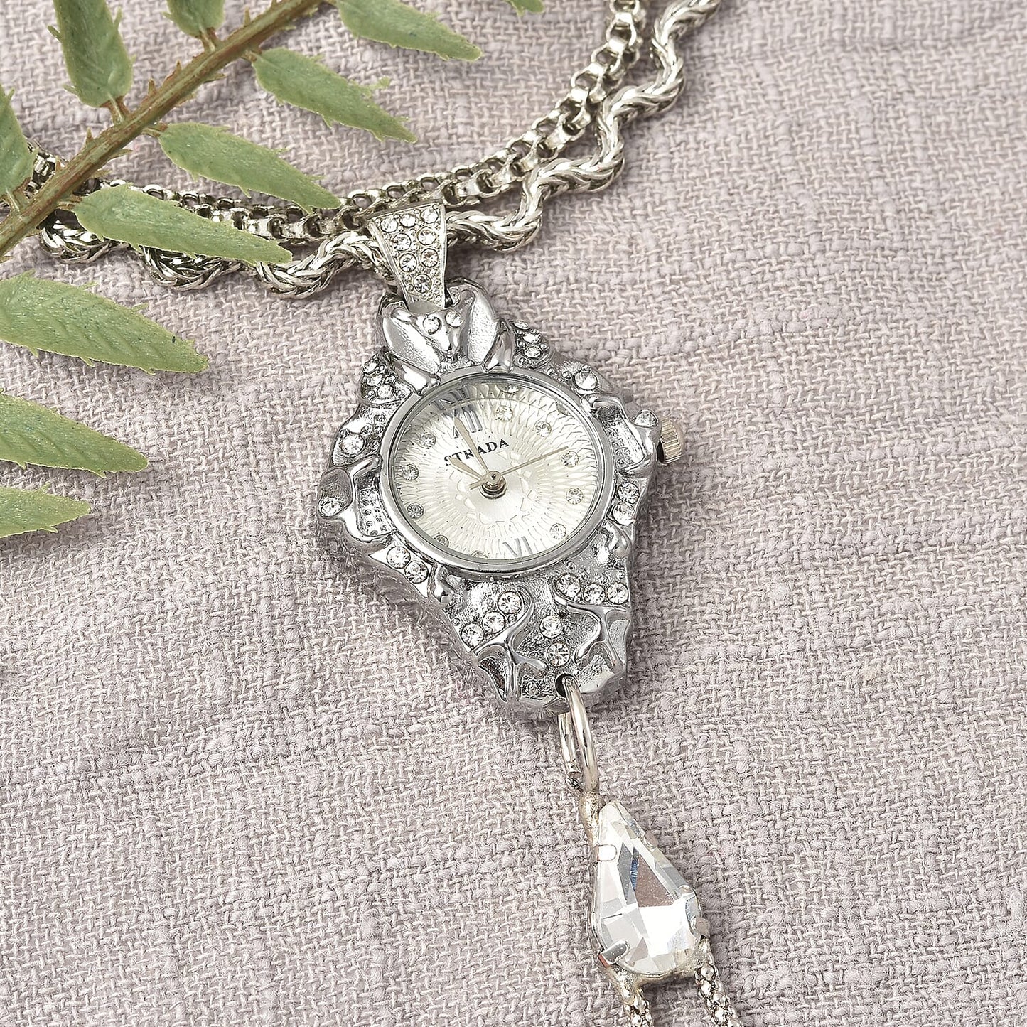 STRADA Silver Color Glass, Austrian Crystal Japanese Movement Bracelet Watch in Silvertone