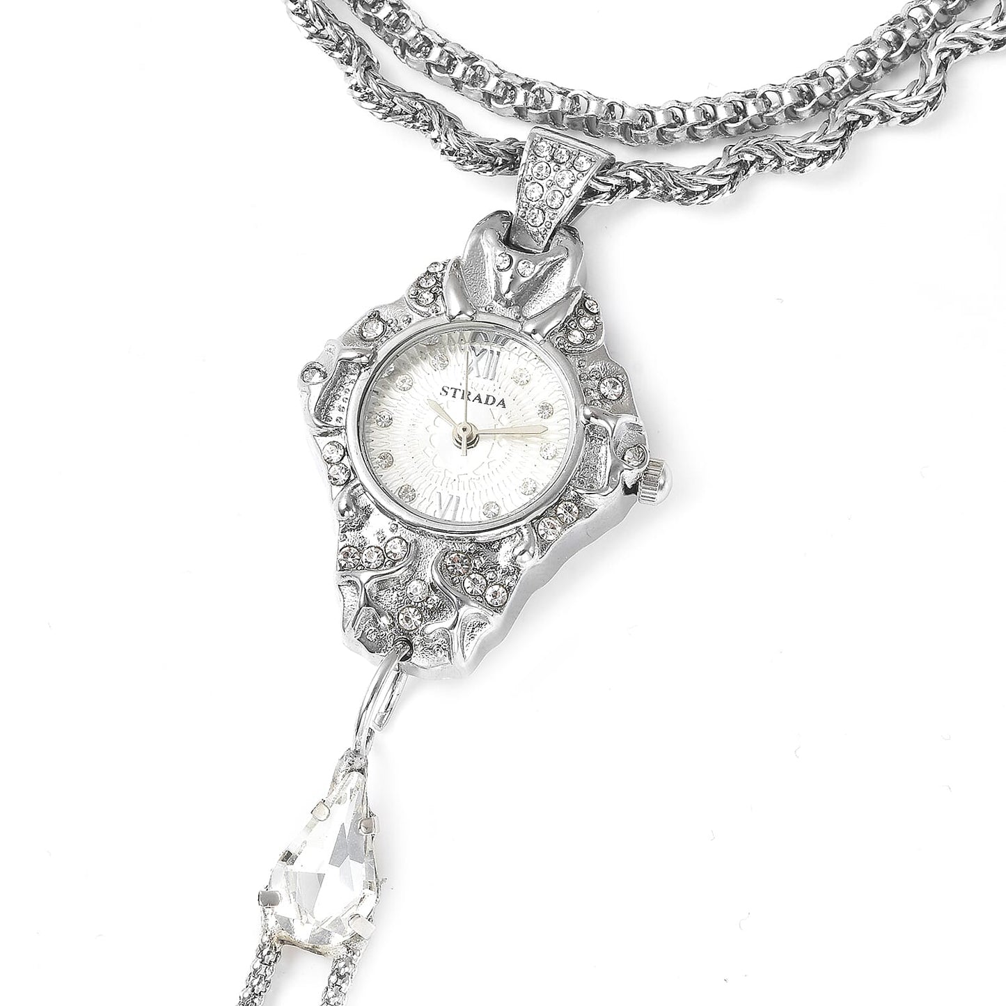 STRADA Silver Color Glass, Austrian Crystal Japanese Movement Bracelet Watch in Silvertone